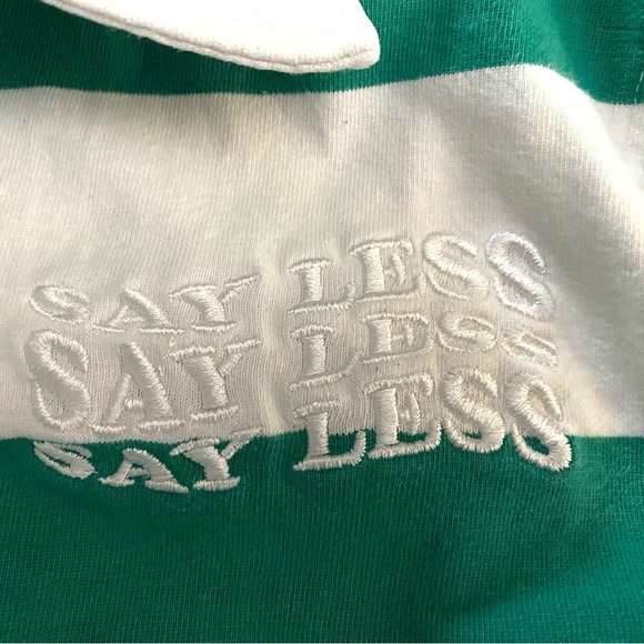 Cornerstore Bodega ‘Say Less’ Smiley Face Men’s Long Sleeve Green Striped Polo - Picture 7 of 12